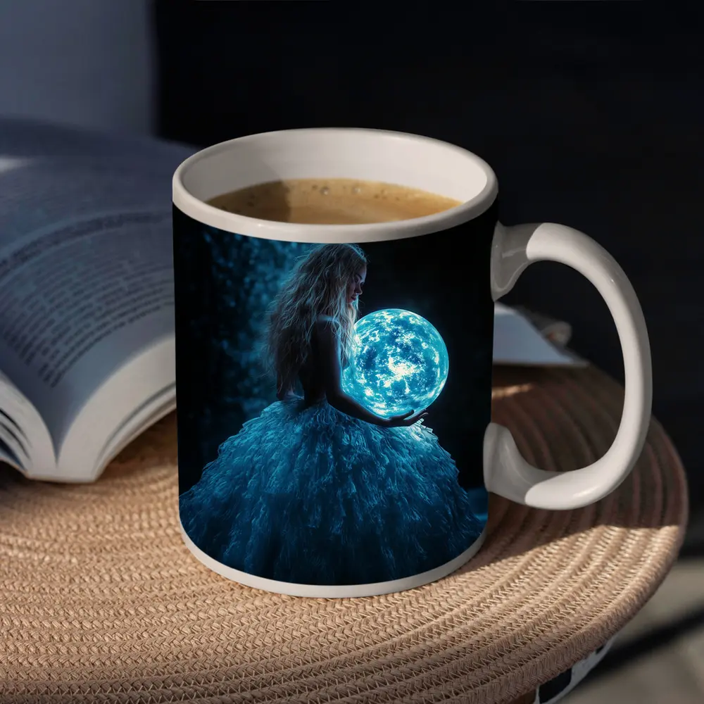 Girl Holding Glowing Moon By Waterfall – Mugs