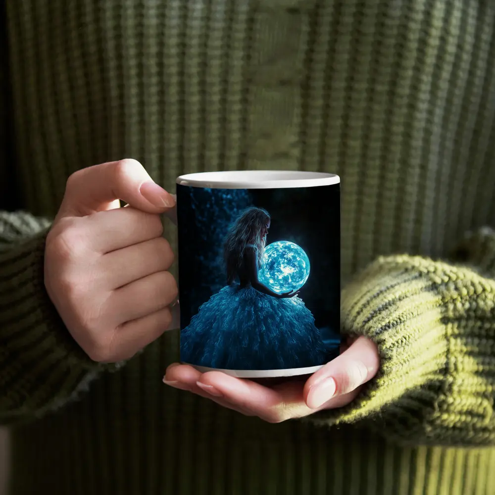 Girl Holding Glowing Moon By Waterfall – Mugs