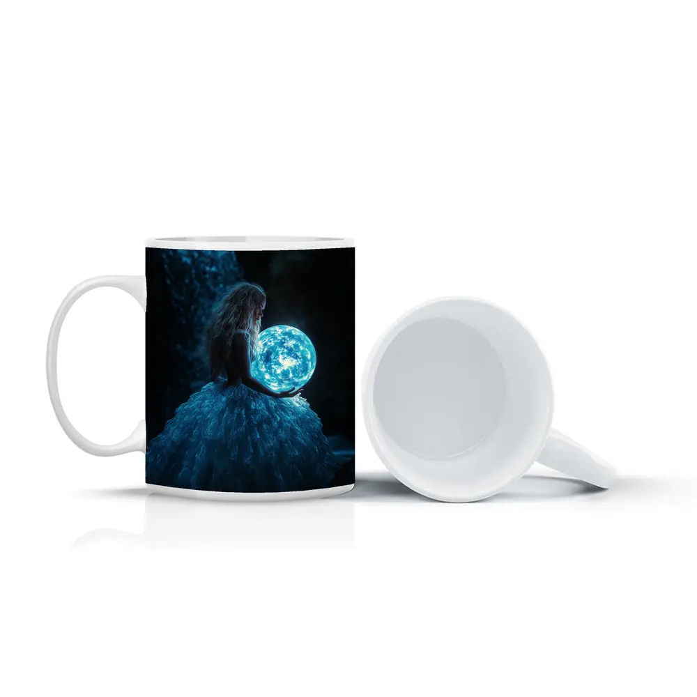 Girl Holding Glowing Moon By Waterfall – Mugs
