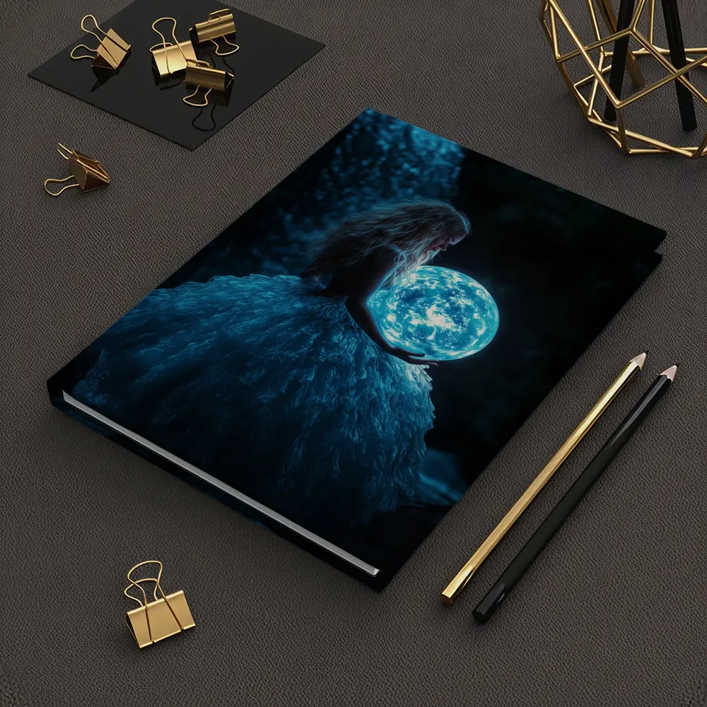 Girl Holding Glowing Moon By Waterfall – Notebooks