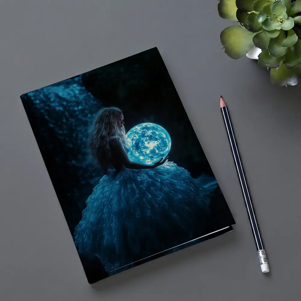 Girl Holding Glowing Moon By Waterfall – Notebooks