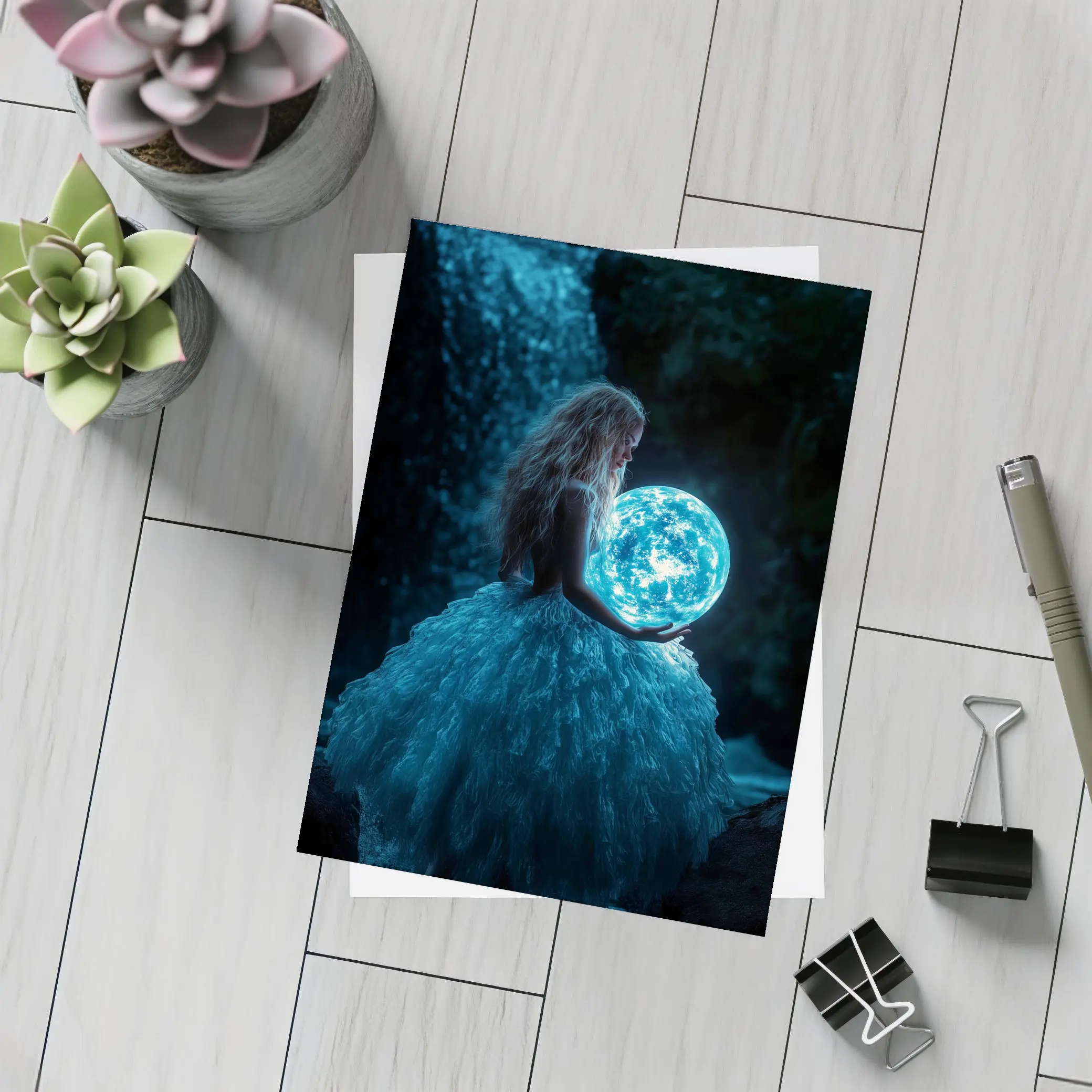 Girl Holding Glowing Moon By Waterfall – Postcards