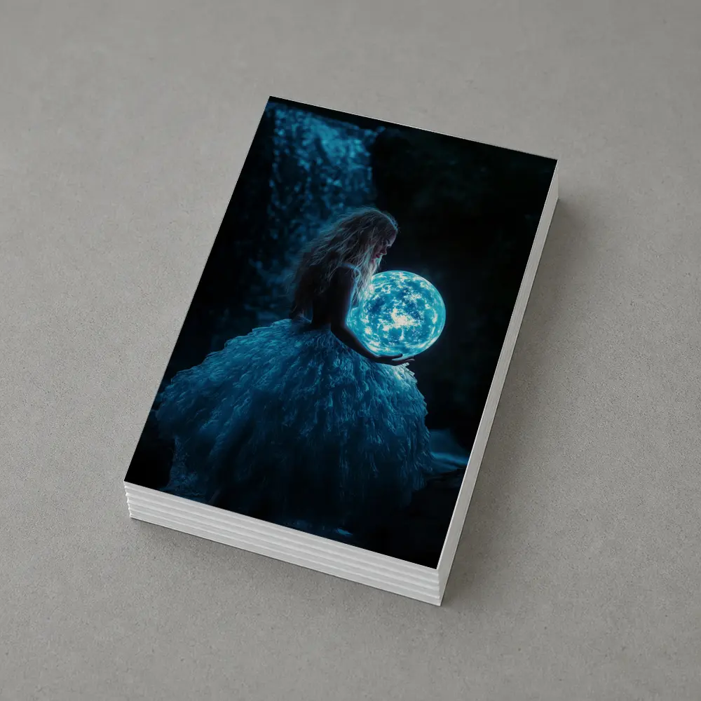 Girl Holding Glowing Moon By Waterfall – Postcards