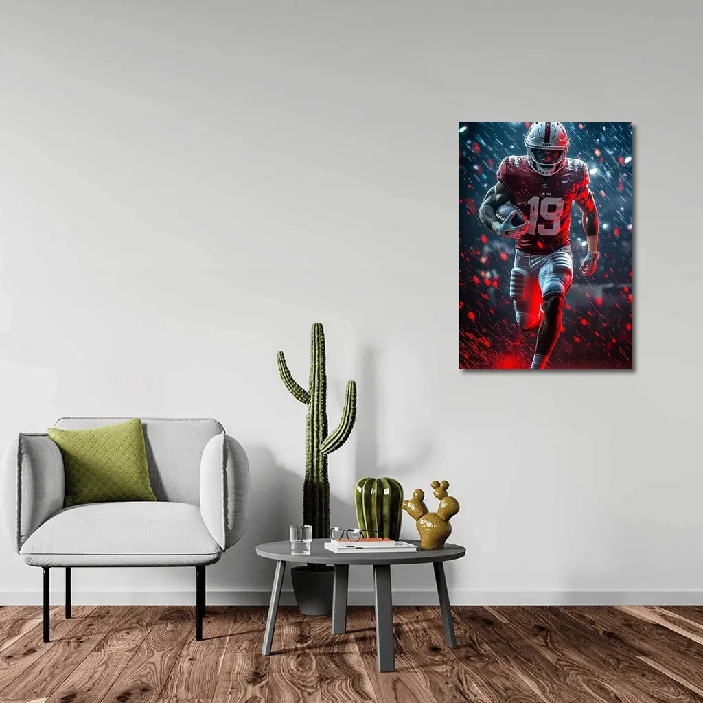 Football Player Running In Rain Neon Light – Wall Art