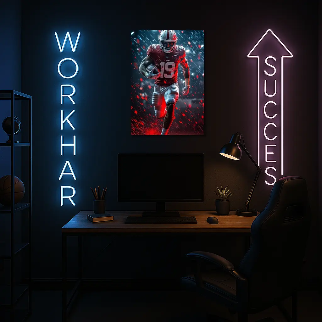Football Player Running In Rain Neon Light – Wall Art
