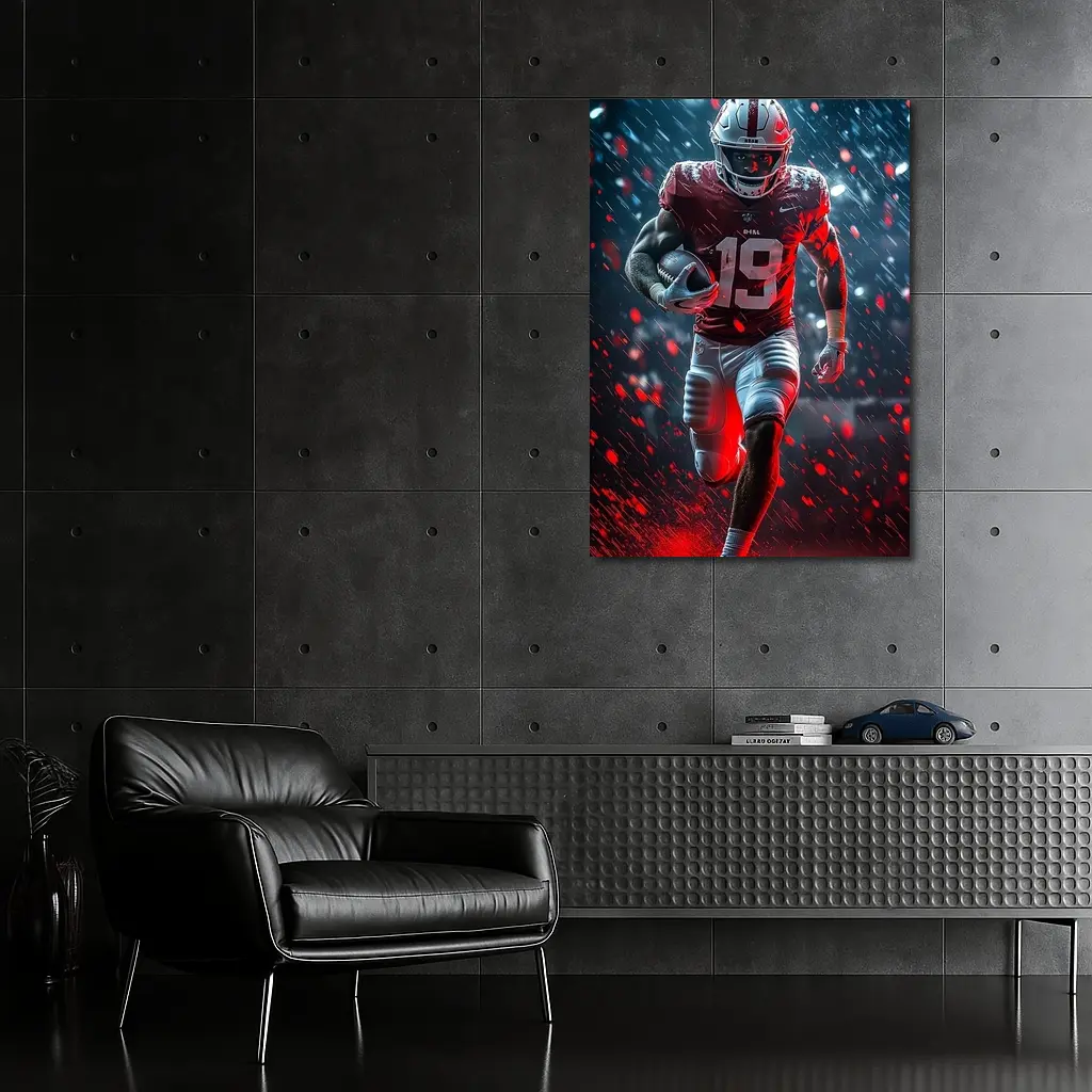 Football Player Running In Rain Neon Light – Wall Art
