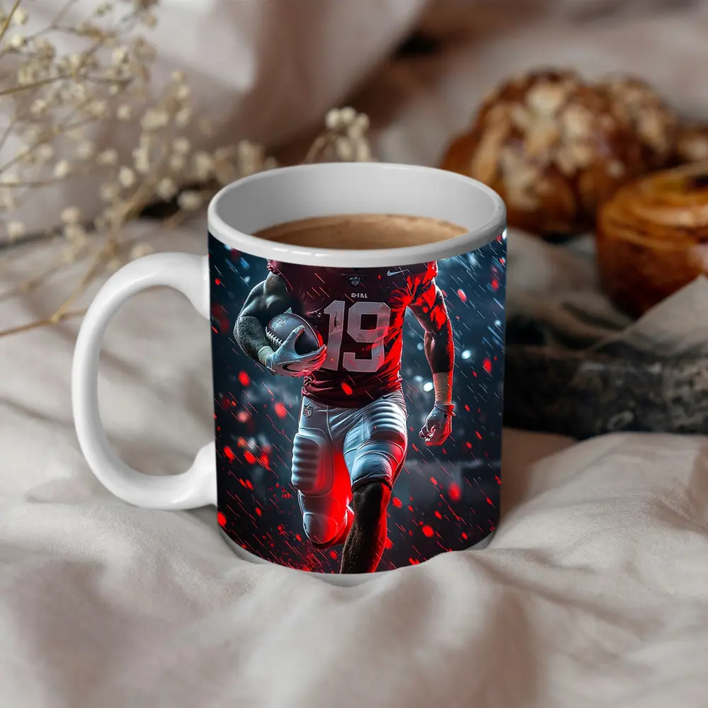 Football Player Running In Rain Neon Light – Mugs