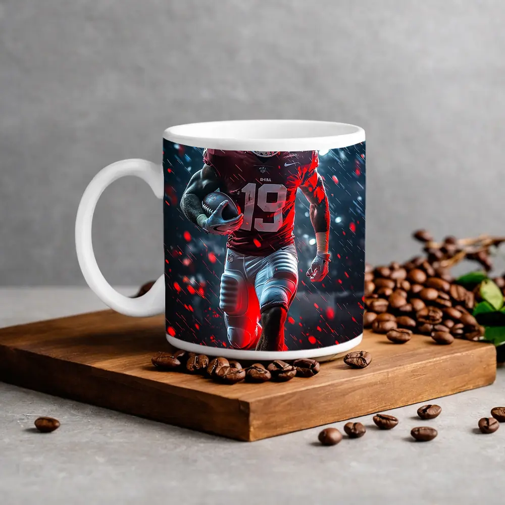 Football Player Running In Rain Neon Light – Mugs