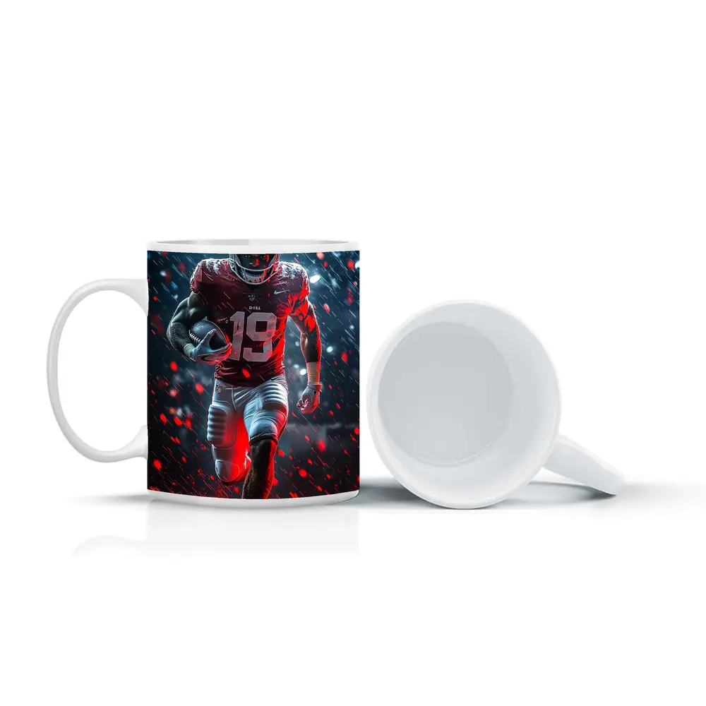 Football Player Running In Rain Neon Light – Mugs