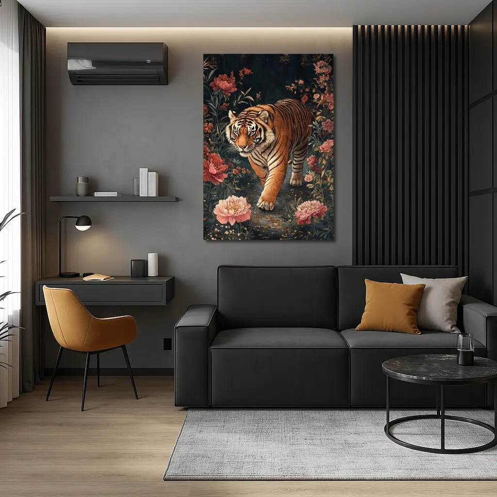 Tiger Walking Through Dark Floral Garden – Wall Art