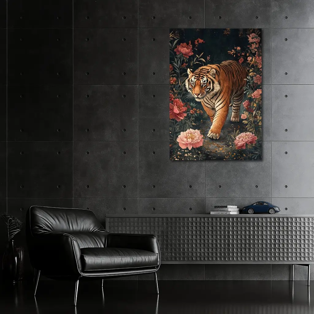Tiger Walking Through Dark Floral Garden – Wall Art
