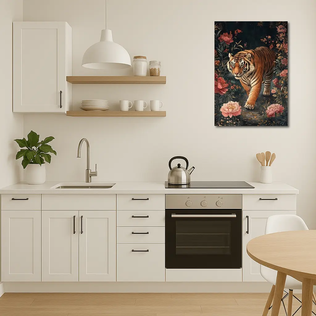 Tiger Walking Through Dark Floral Garden – Wall Art