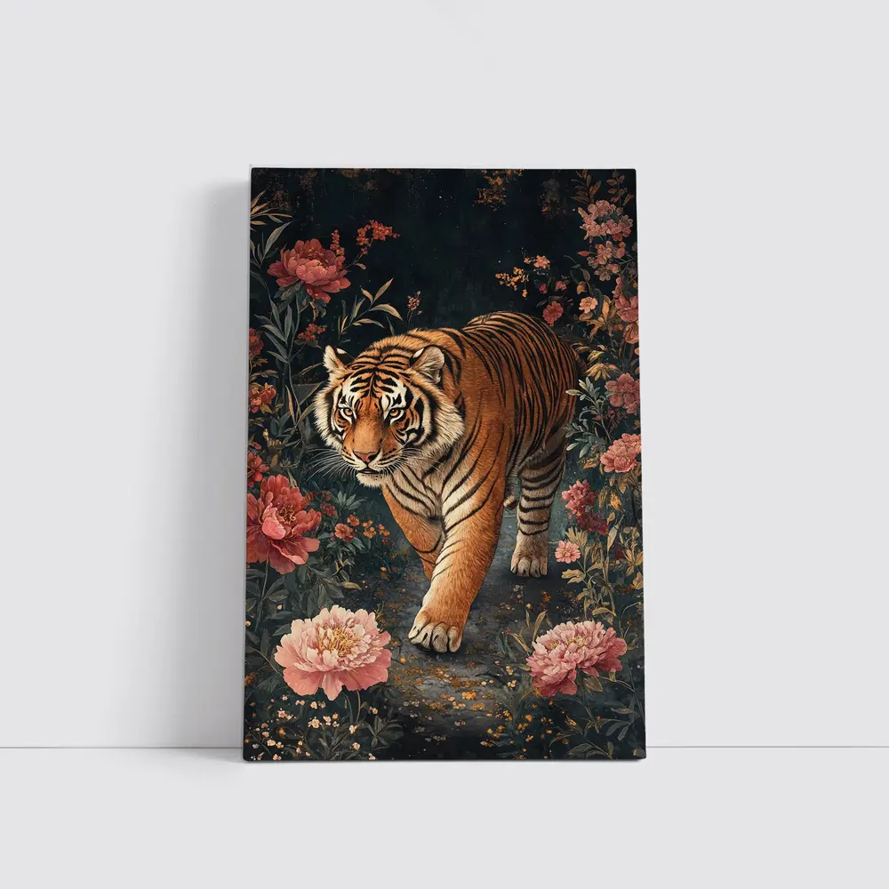 Tiger Walking Through Dark Floral Garden – Wall Art