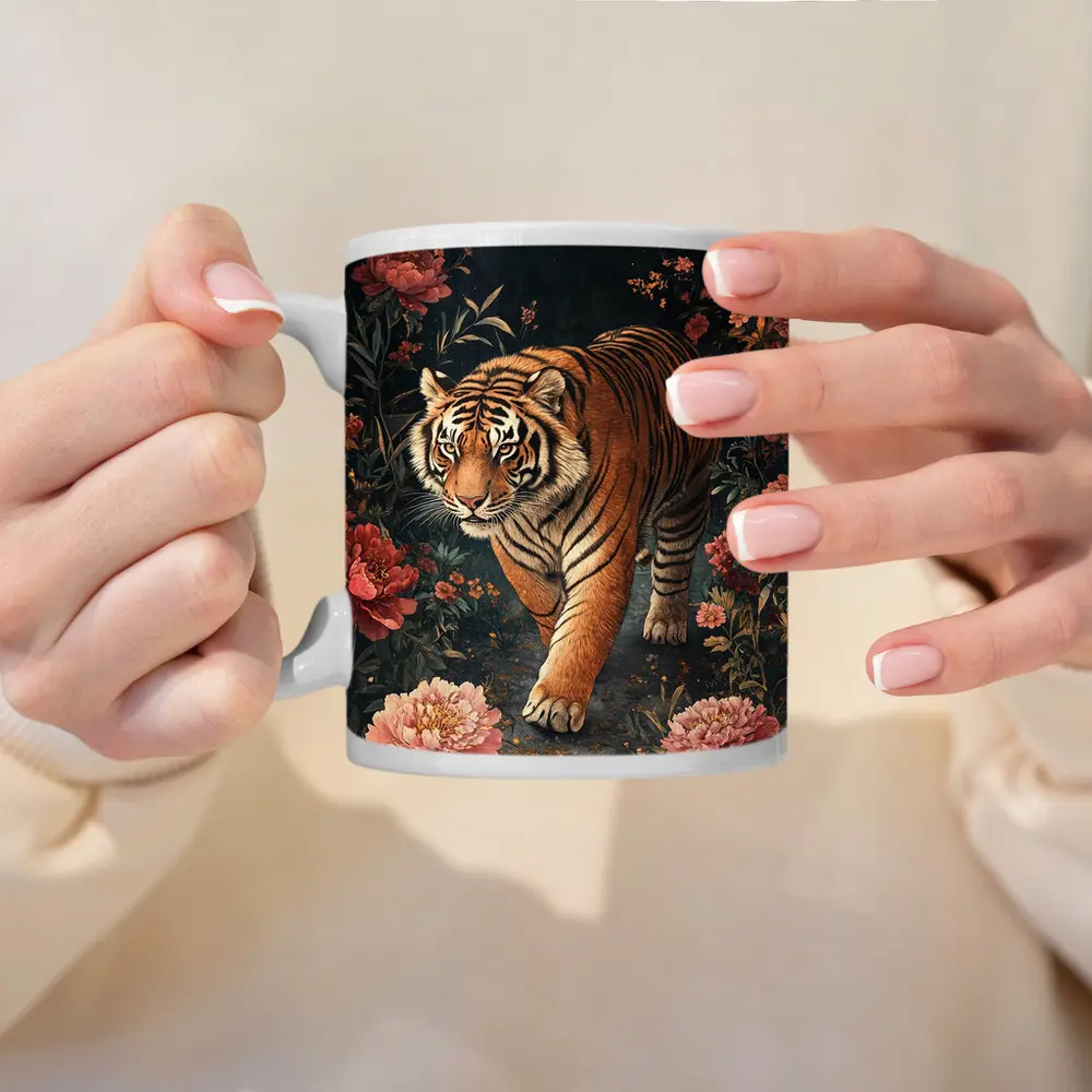 Tiger Walking Through Dark Floral Garden – Mugs