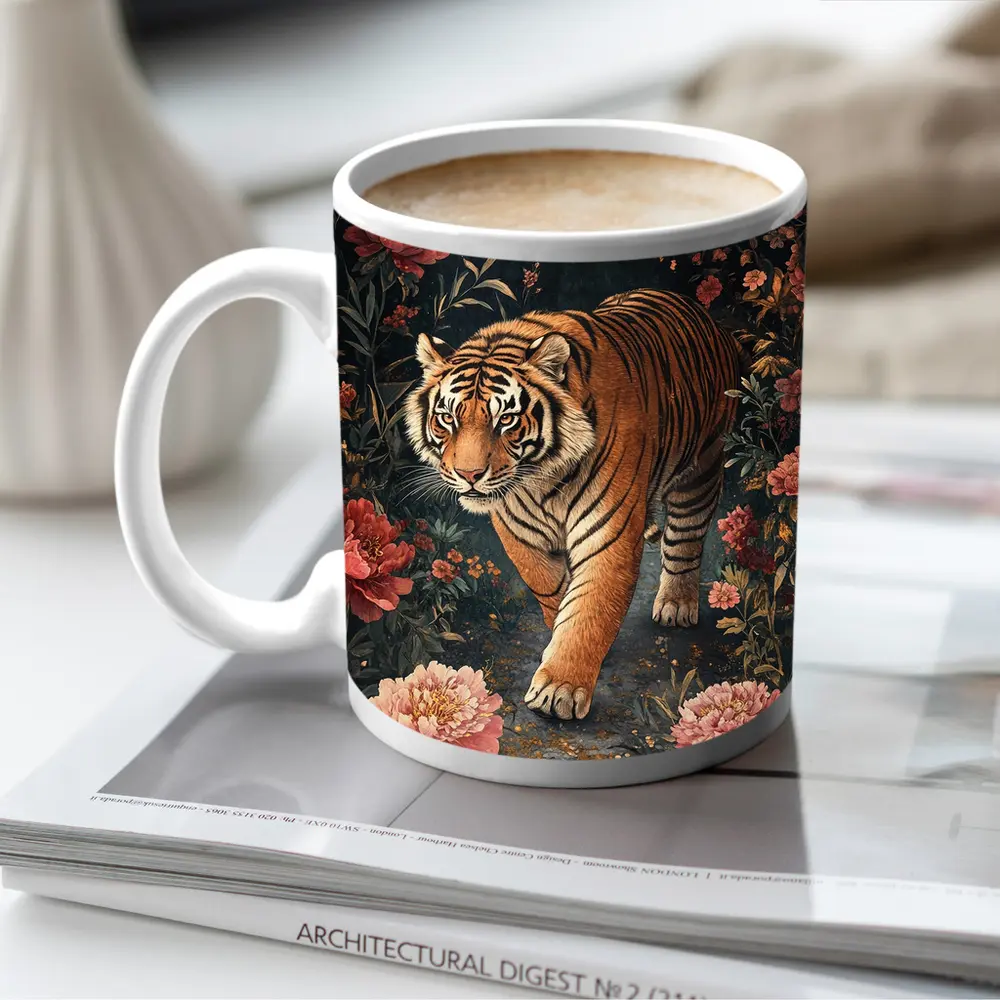Tiger Walking Through Dark Floral Garden – Mugs