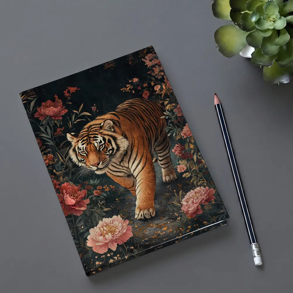 Tiger Walking Through Dark Floral Garden – Notebooks