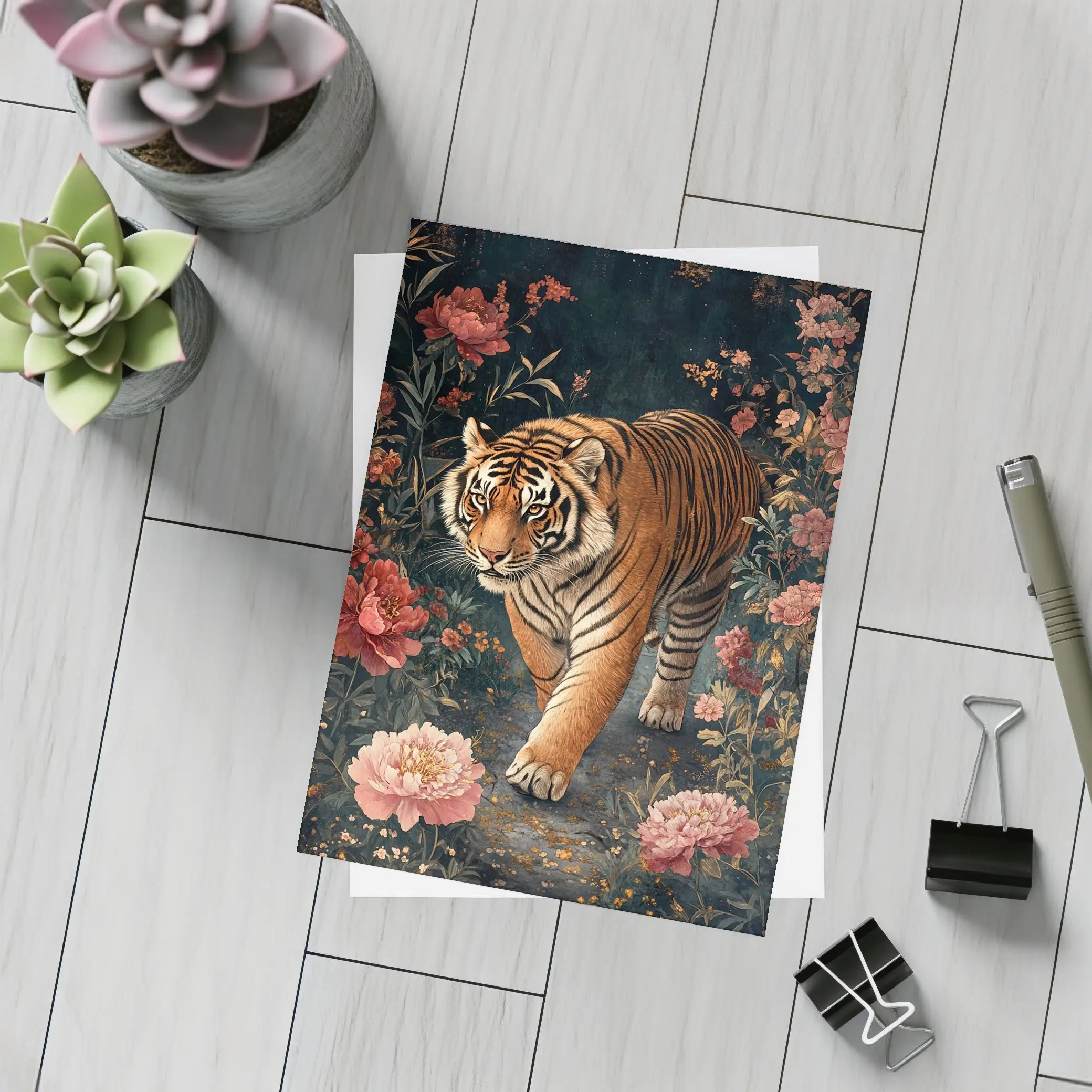 Tiger Walking Through Dark Floral Garden – Postcards