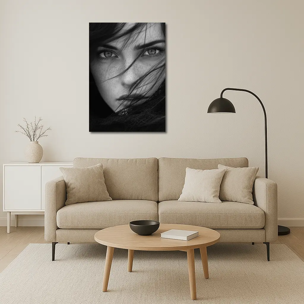 Black and White Woman Portrait Wind Hair – Wall Art