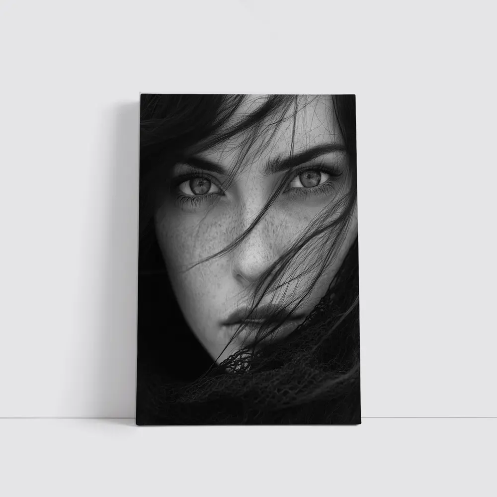 Black and White Woman Portrait Wind Hair – Wall Art
