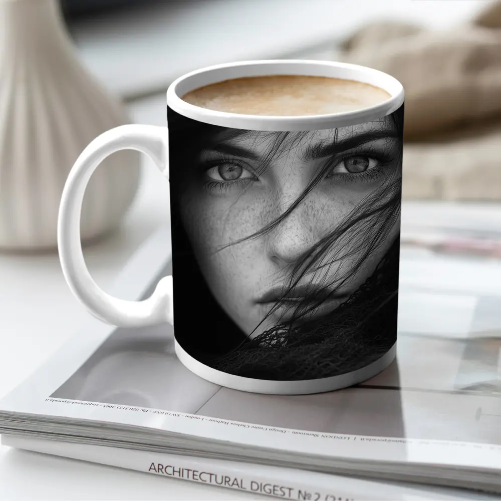 Black and White Woman Portrait Wind Hair – Mugs