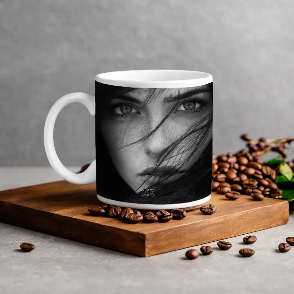 Black and White Woman Portrait Wind Hair – Mugs