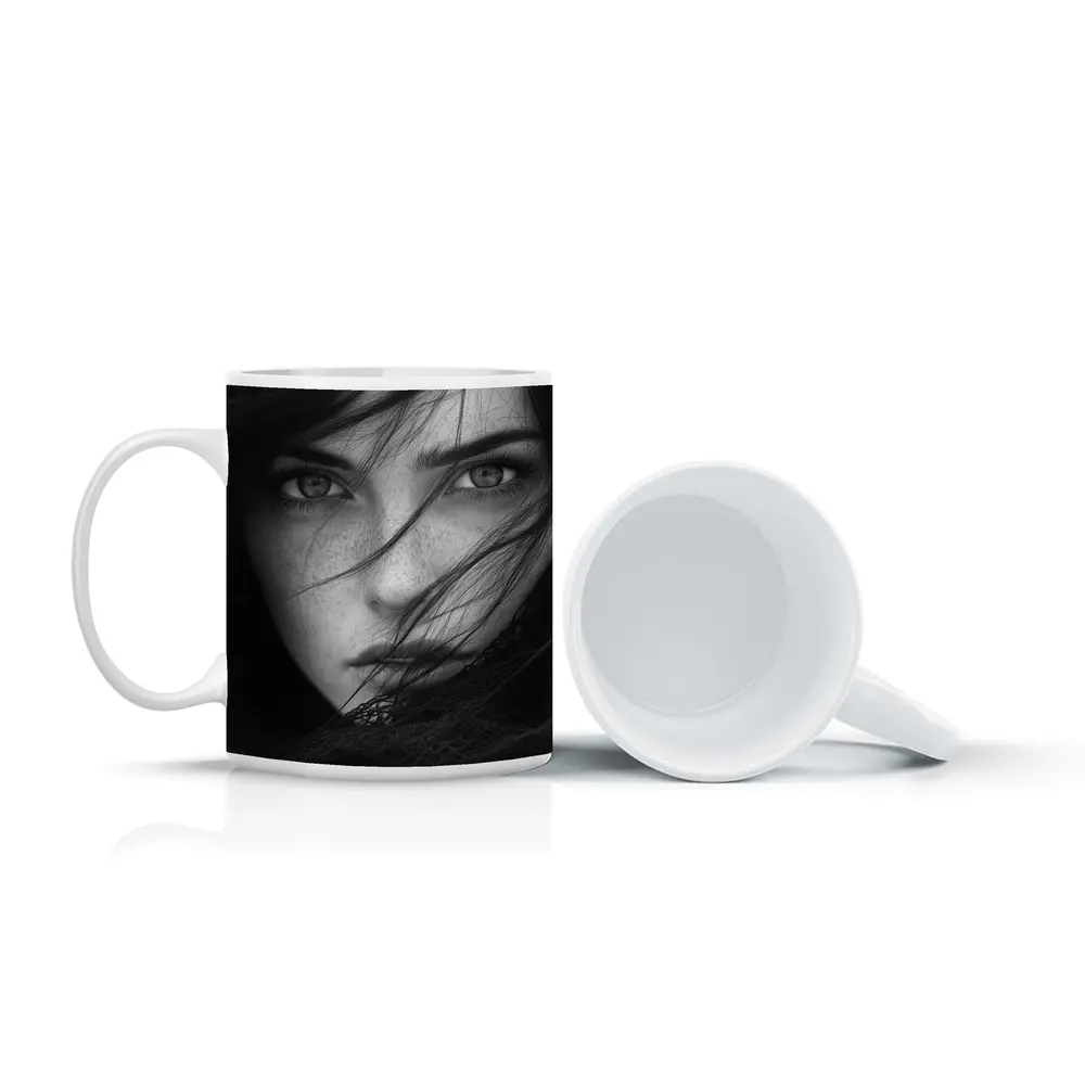 Black and White Woman Portrait Wind Hair – Mugs