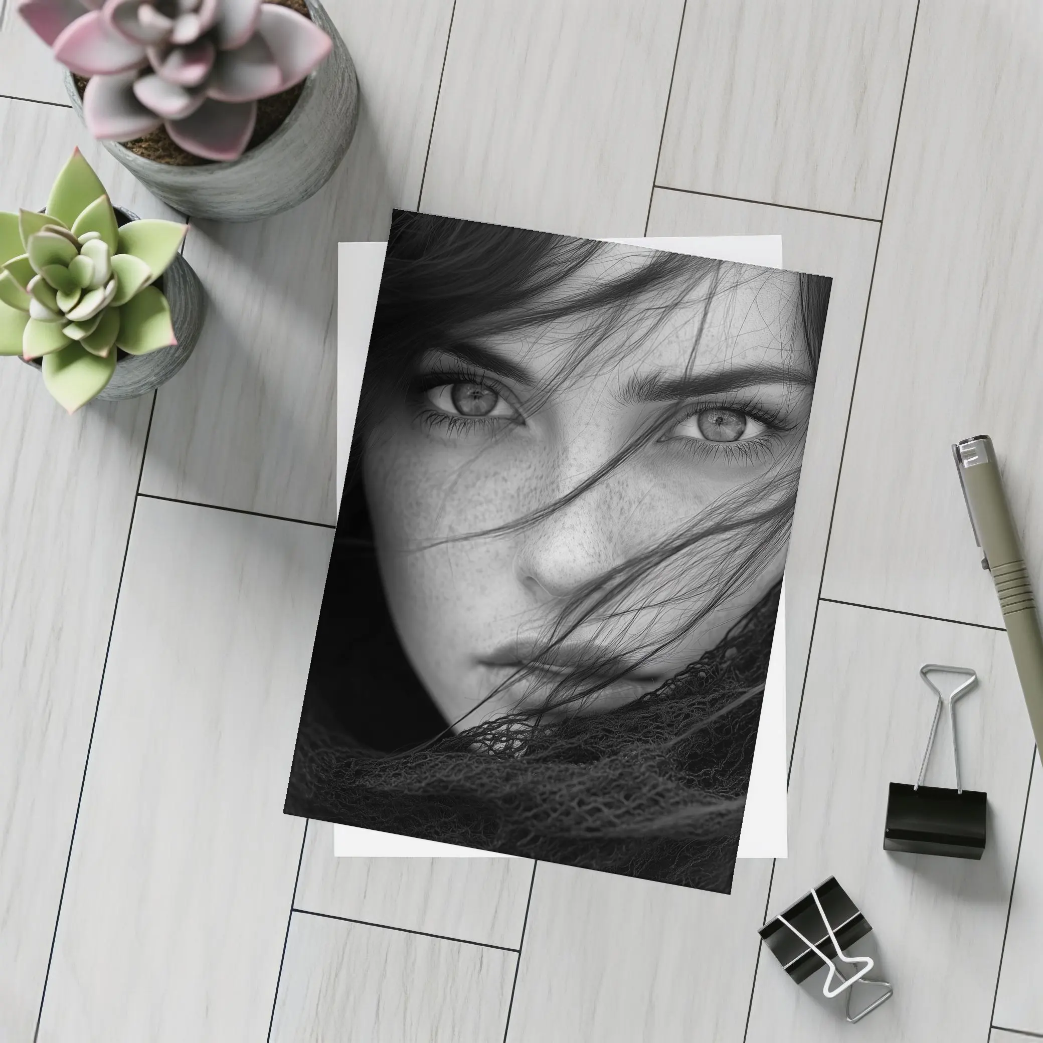 Black and White Woman Portrait Wind Hair – Postcards