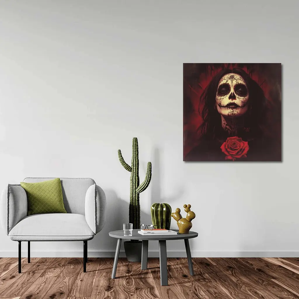 Sugar Skull Woman Dark Red Rose Art – Wall Art