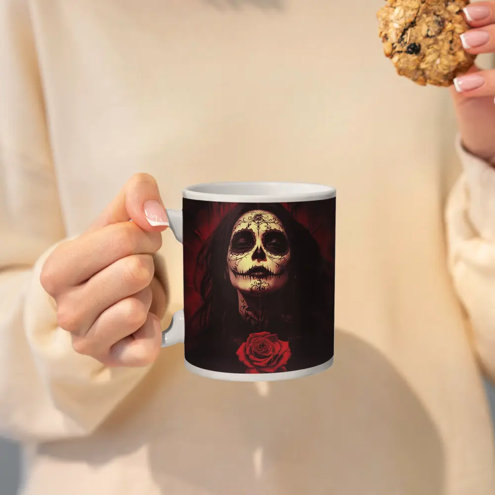 Sugar Skull Woman Dark Red Rose Art – Mugs