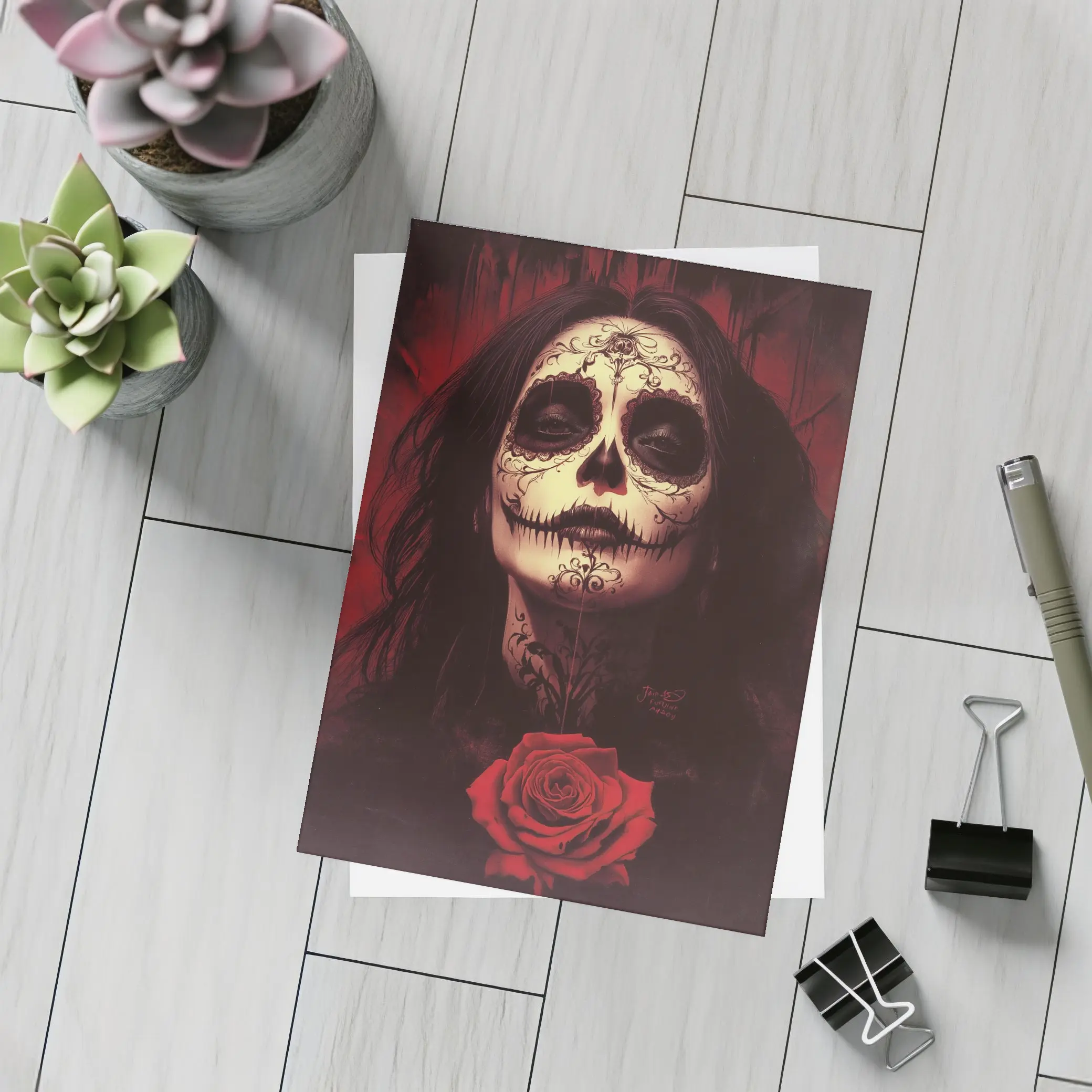 Sugar Skull Woman Dark Red Rose Art – Postcards