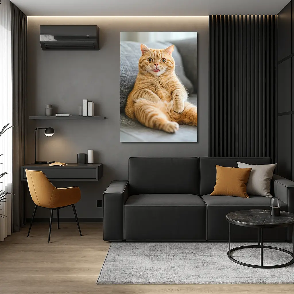 Funny Orange Tabby Cat on Gray Sofa – Wall Art