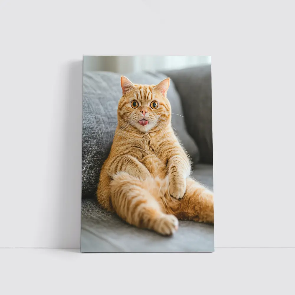 Funny Orange Tabby Cat on Gray Sofa – Wall Art