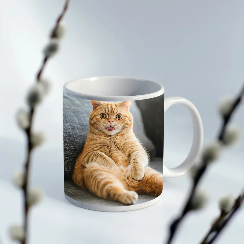 Funny Orange Tabby Cat on Gray Sofa – Mugs