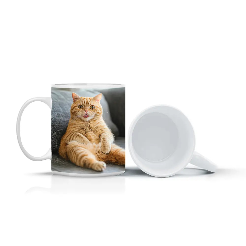 Funny Orange Tabby Cat on Gray Sofa – Mugs