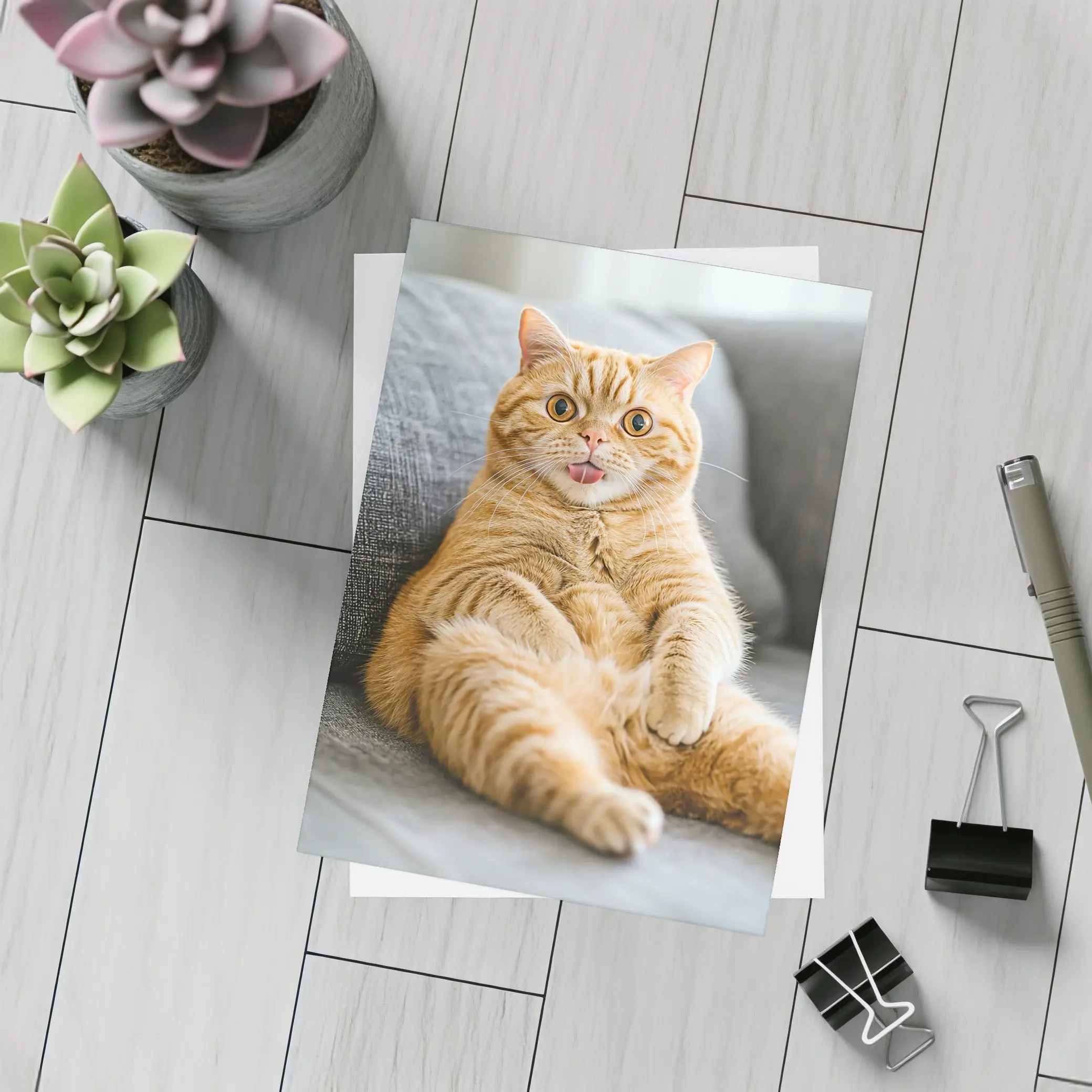 Funny Orange Tabby Cat on Gray Sofa – Postcards