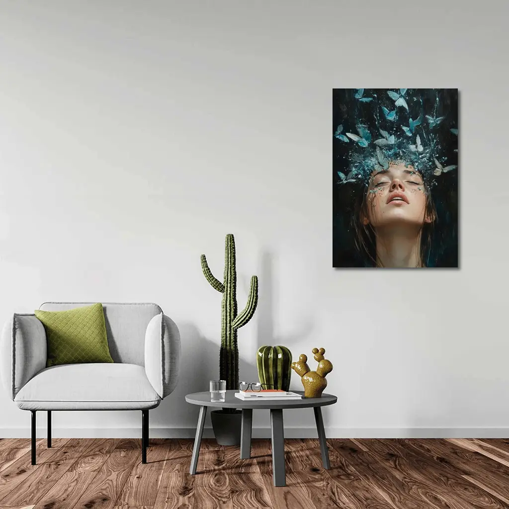 Woman With Blue Butterflies Water Splash Art – Wall Art