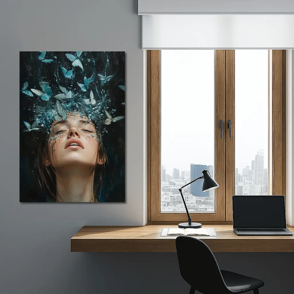 Woman With Blue Butterflies Water Splash Art – Wall Art