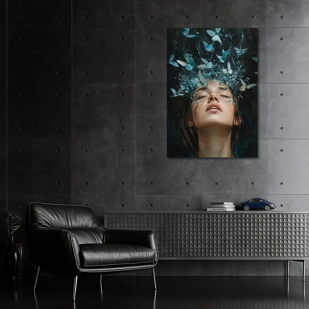 Woman With Blue Butterflies Water Splash Art – Wall Art