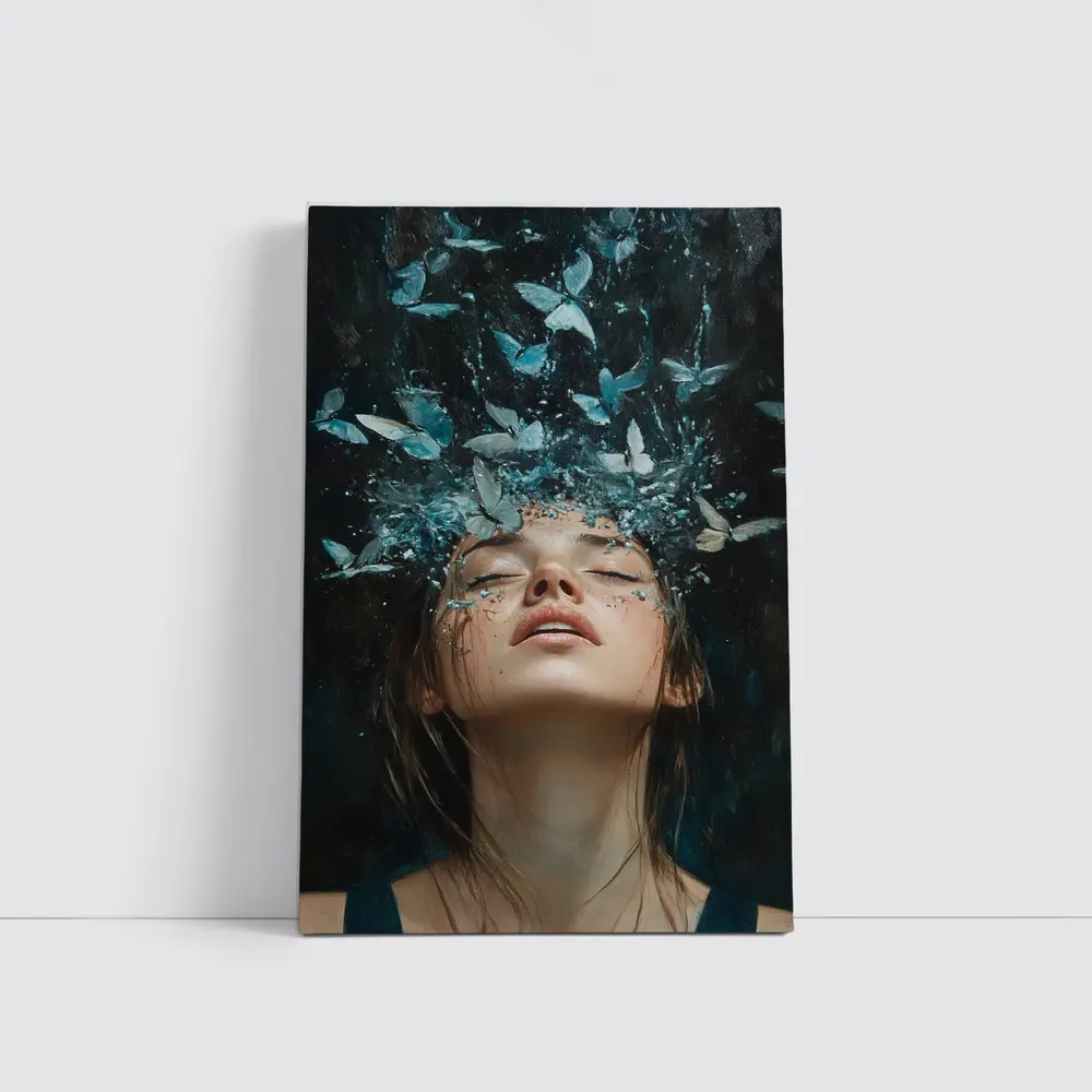 Woman With Blue Butterflies Water Splash Art – Wall Art