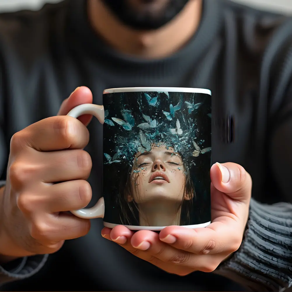 Woman With Blue Butterflies Water Splash Art – Mugs