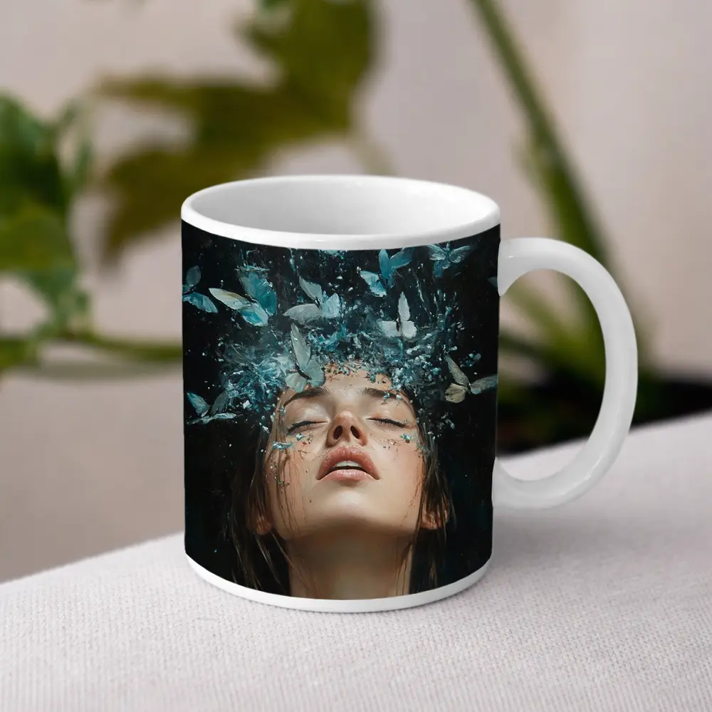 Woman With Blue Butterflies Water Splash Art – Mugs