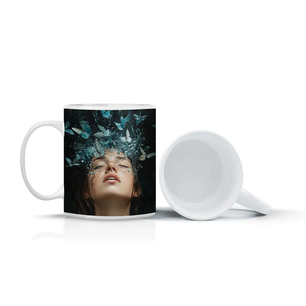 Woman With Blue Butterflies Water Splash Art – Mugs