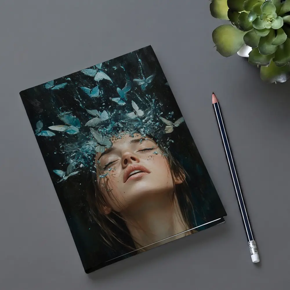 Woman With Blue Butterflies Water Splash Art – Notebooks