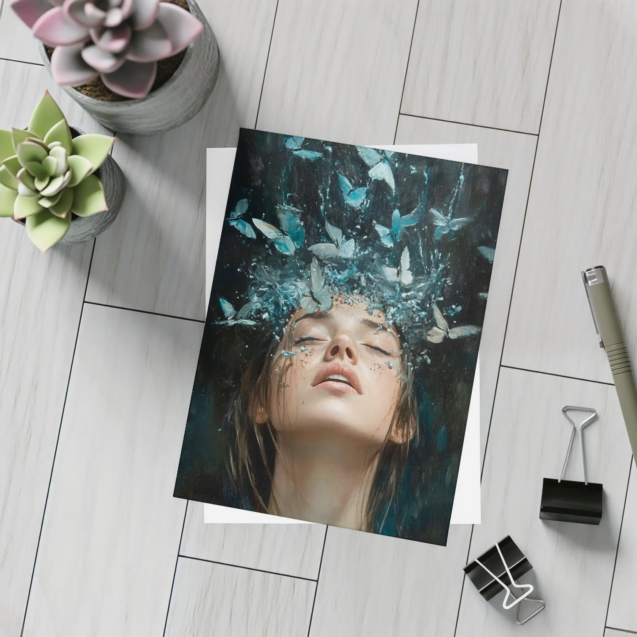 Woman With Blue Butterflies Water Splash Art – Postcards
