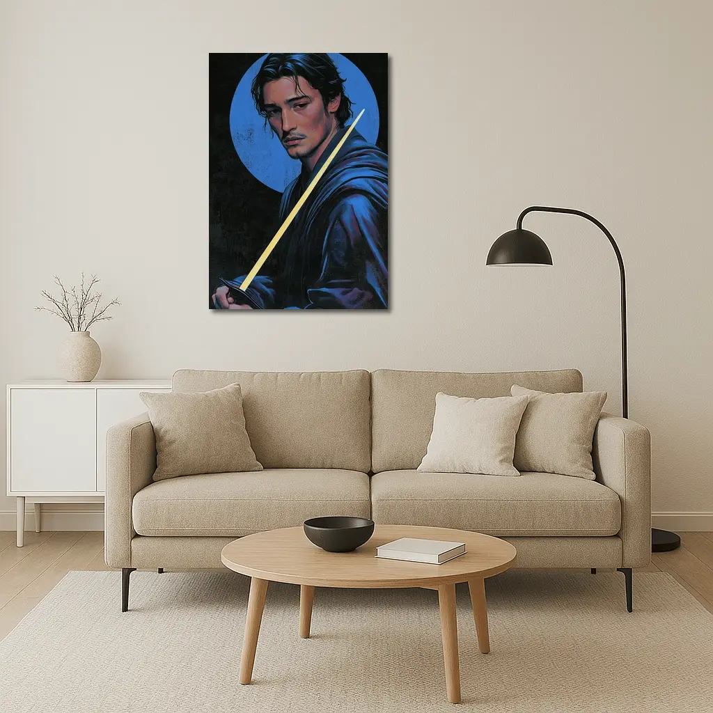 Young Warrior Holding Sword Blue Circle – Wall Art