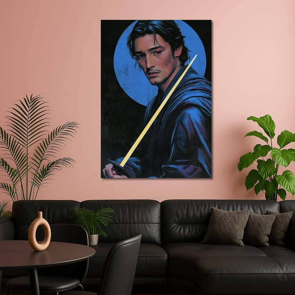Young Warrior Holding Sword Blue Circle – Wall Art