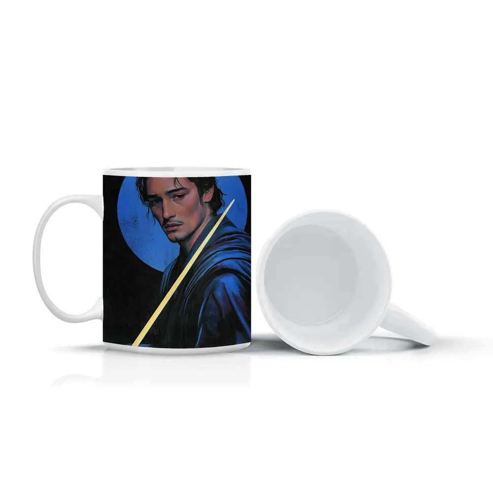 Young Warrior Holding Sword Blue Circle – Mugs