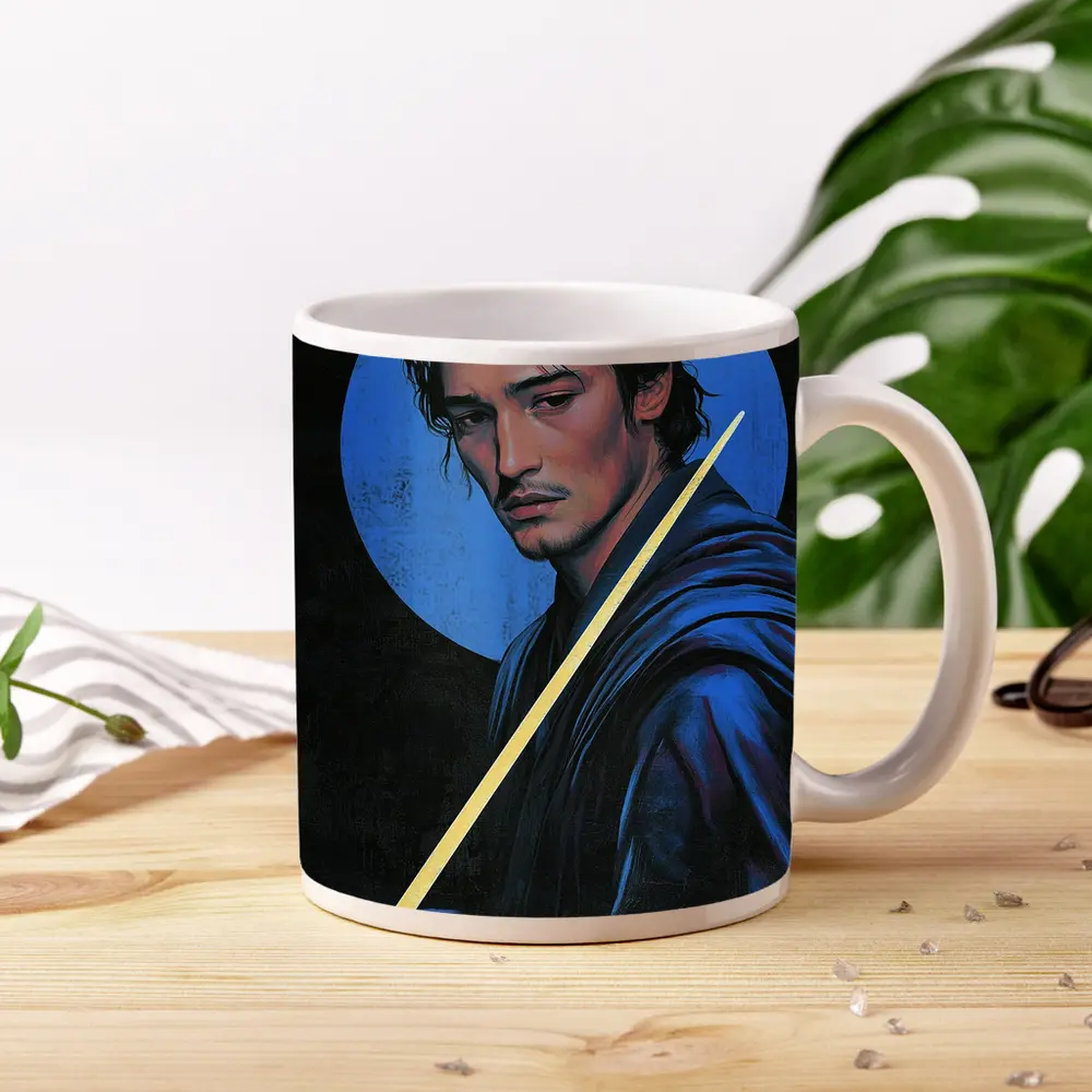 Young Warrior Holding Sword Blue Circle – Mugs
