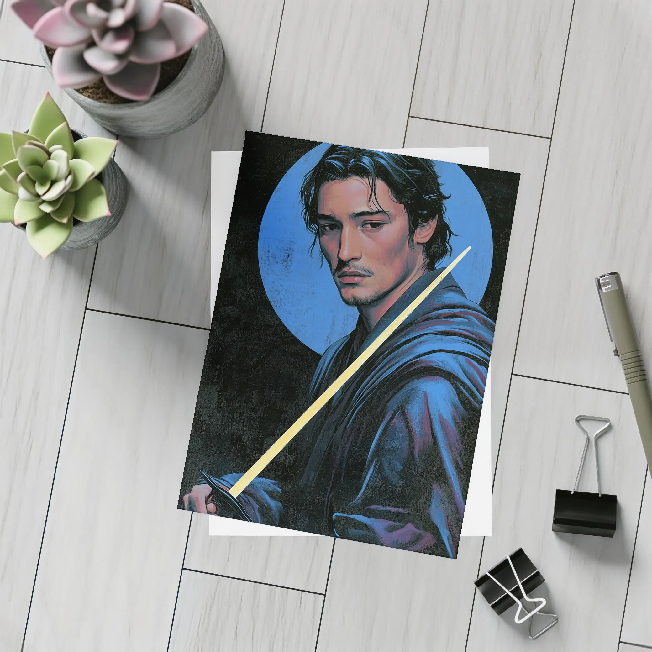 Young Warrior Holding Sword Blue Circle – Postcards