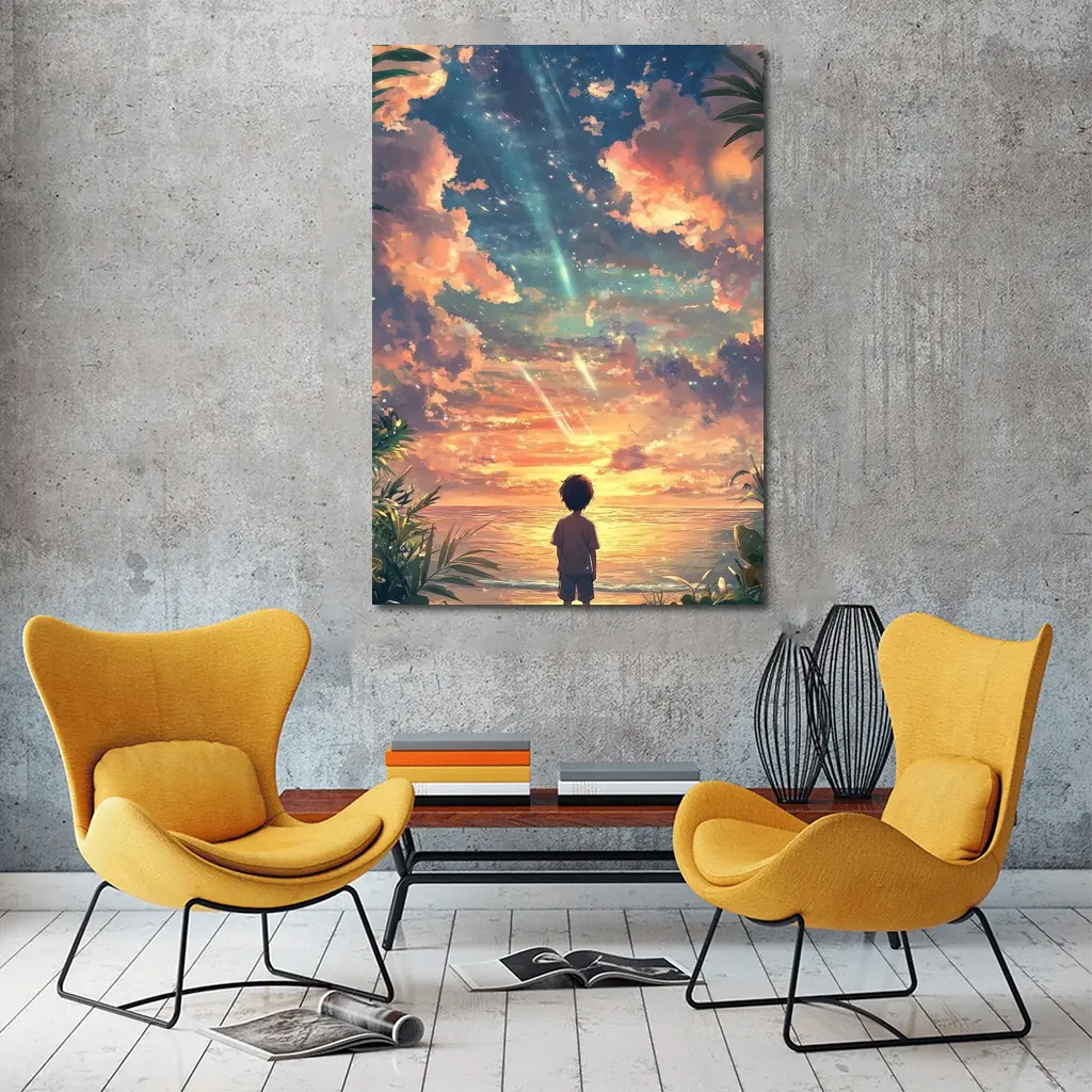 Anime Boy Watching Sunset Beach Sky – Wall Art